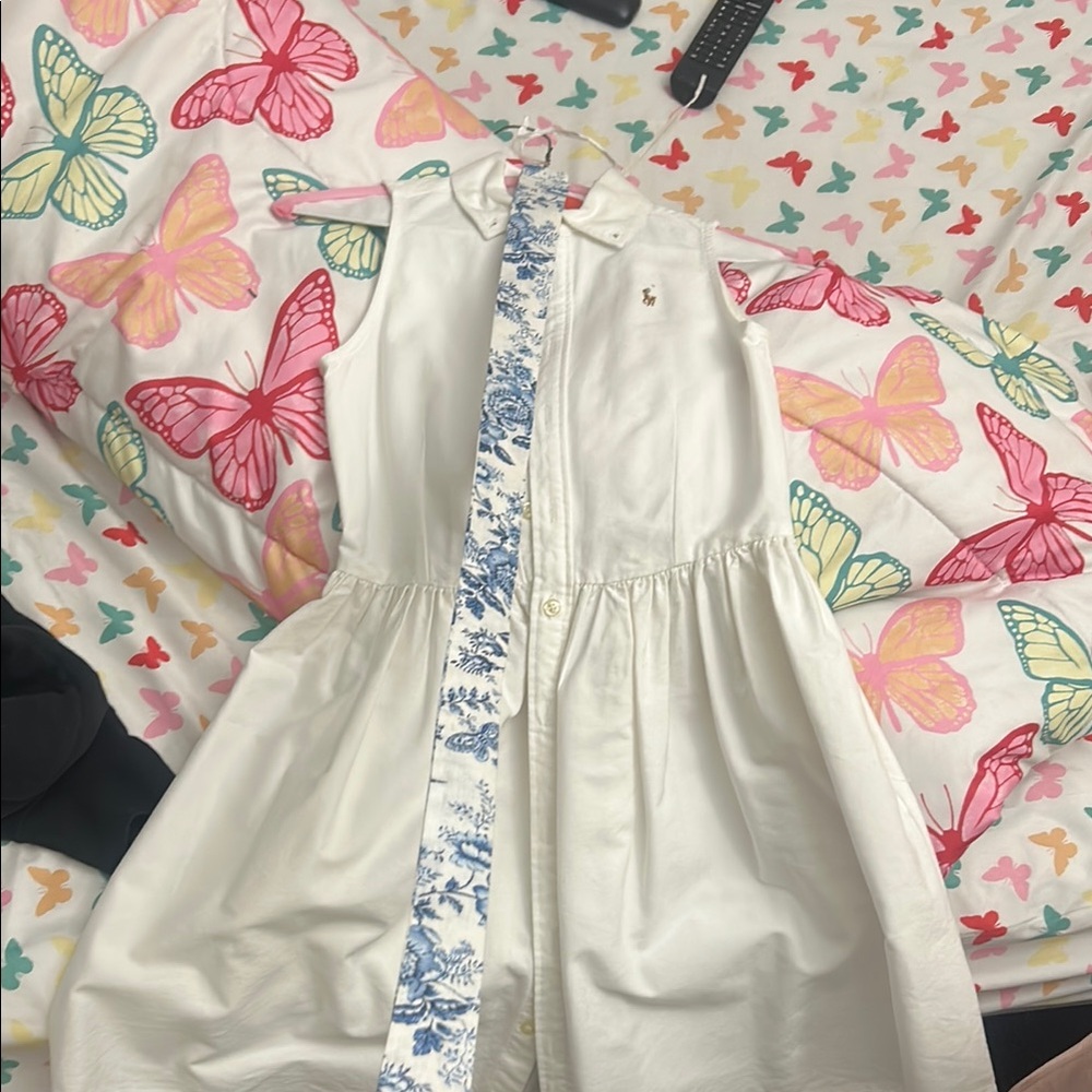 White Sleeveless Dress with Blue Floral Belt